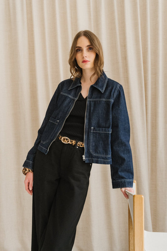 Veste en denim de coton bio | bleu "anja workwear denim jacket - dark blue"