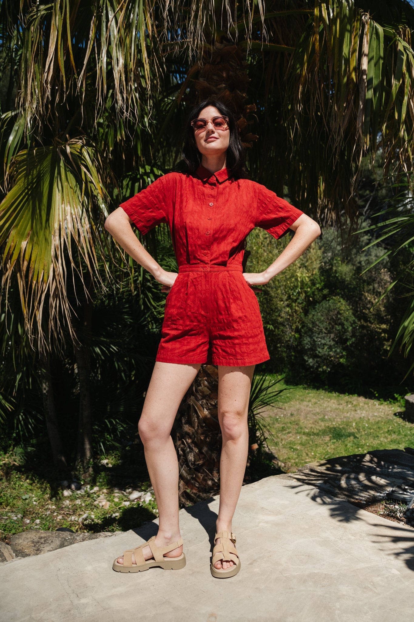 Combishort en coton bio | orange "orangered cuadrito agata jumpsuit"