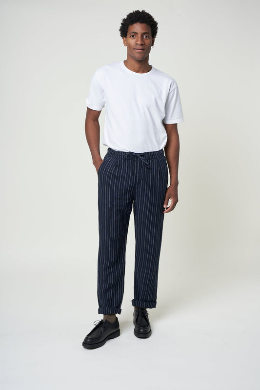 Pantalon marine rayé en lin bio - loose striped linen navy