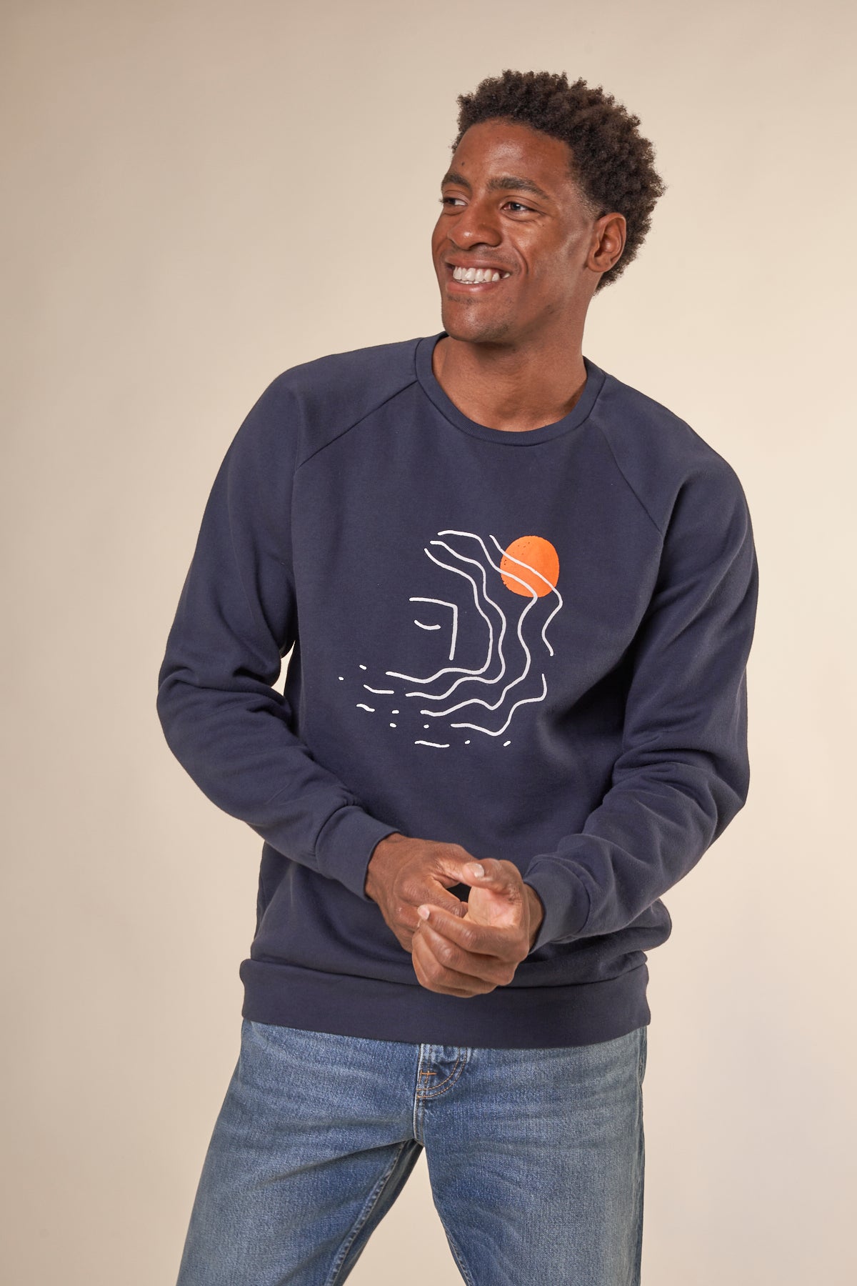 Sweat imprimé en coton bio | Marine "wavy face navy"