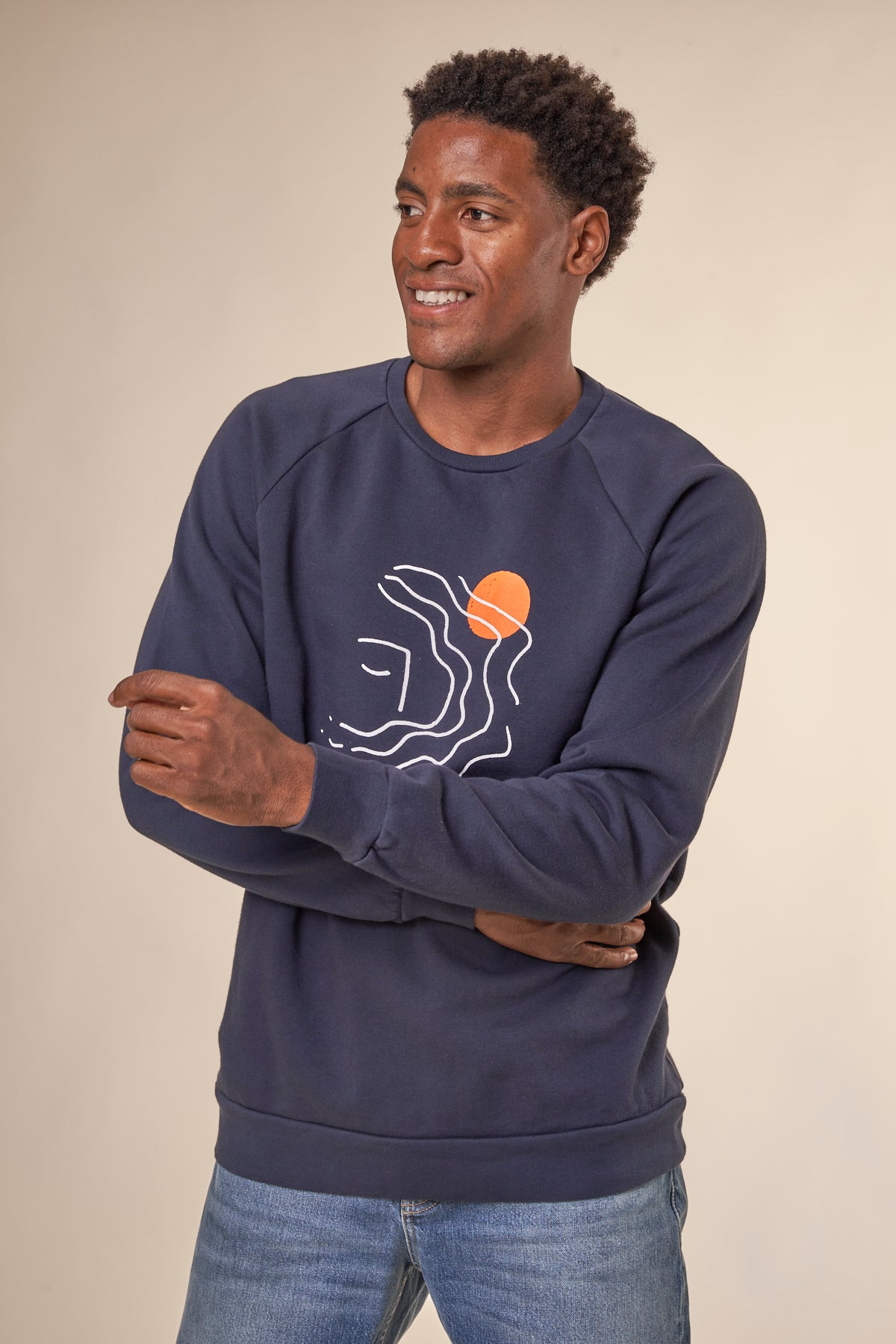 Sweat imprimé en coton bio | Marine "wavy face navy"