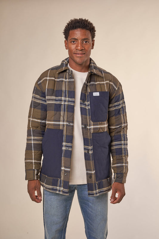 Veste matelassée en coton bio et matière recyclée | Carreaux "checked quilted overshirt green check"