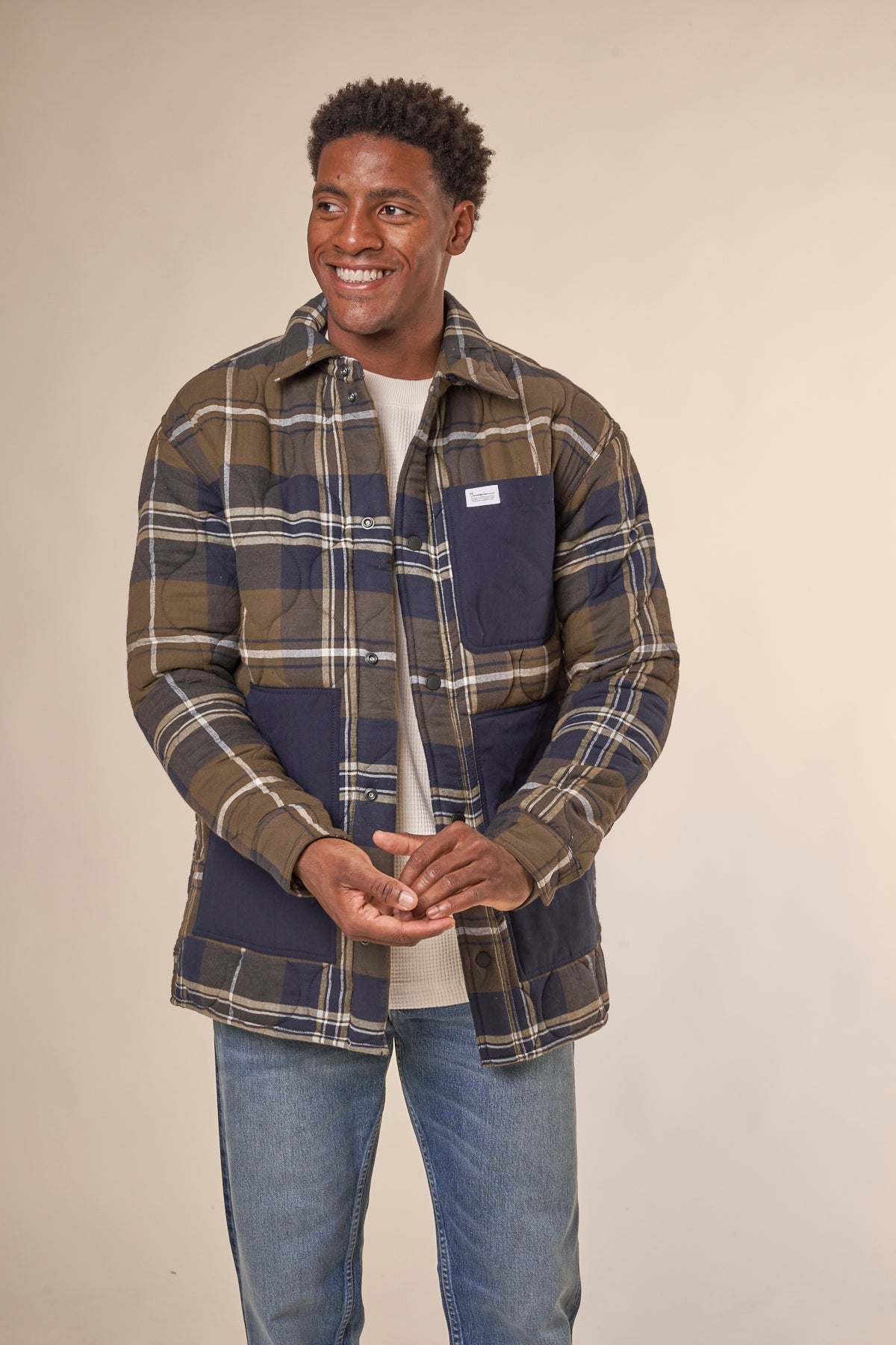 Veste matelassée en coton bio et matière recyclée | Carreaux "checked quilted overshirt green check"