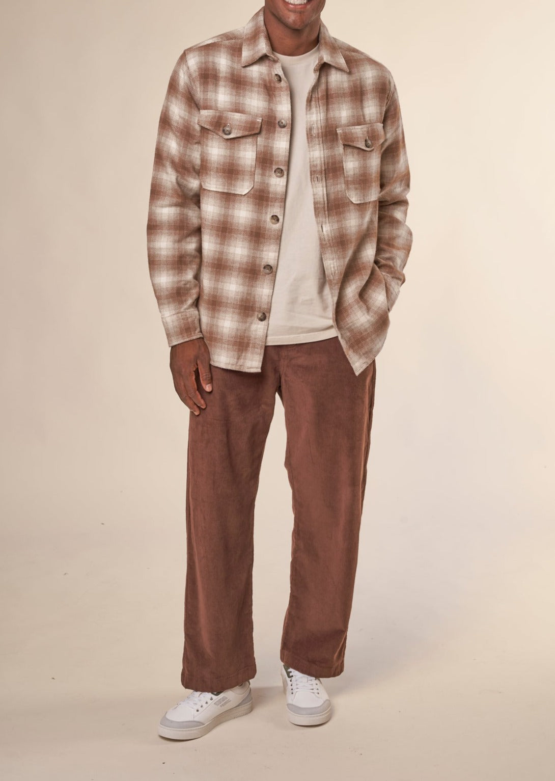 Chemise à carreaux en coton bio | Beige "loose fit checkered flannel shirt beige check"