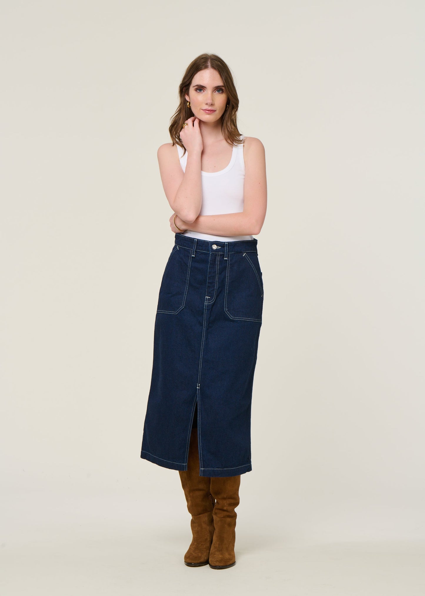Jupe en coton biologique | bleu "Boel painter denim skirt dark blue - dark blue"