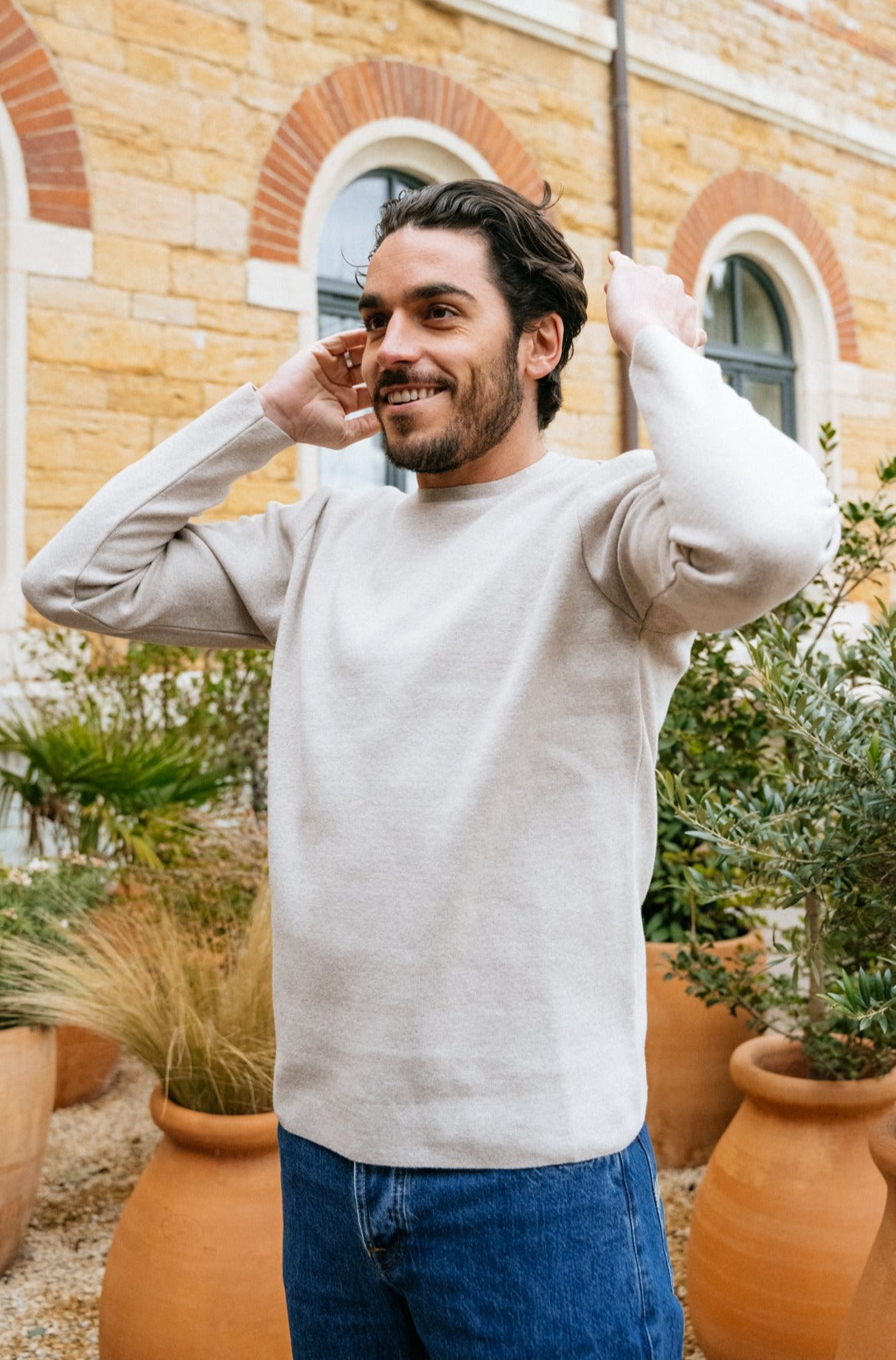 Pull beige en maille de coton bio - cotton crew neck knit nature melange