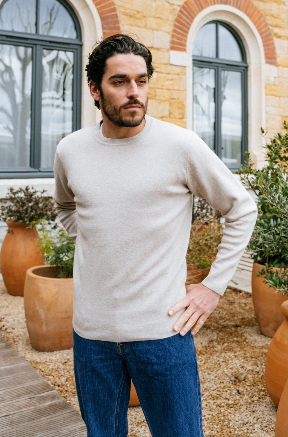 Pull beige en maille de coton bio - cotton crew neck knit nature melange