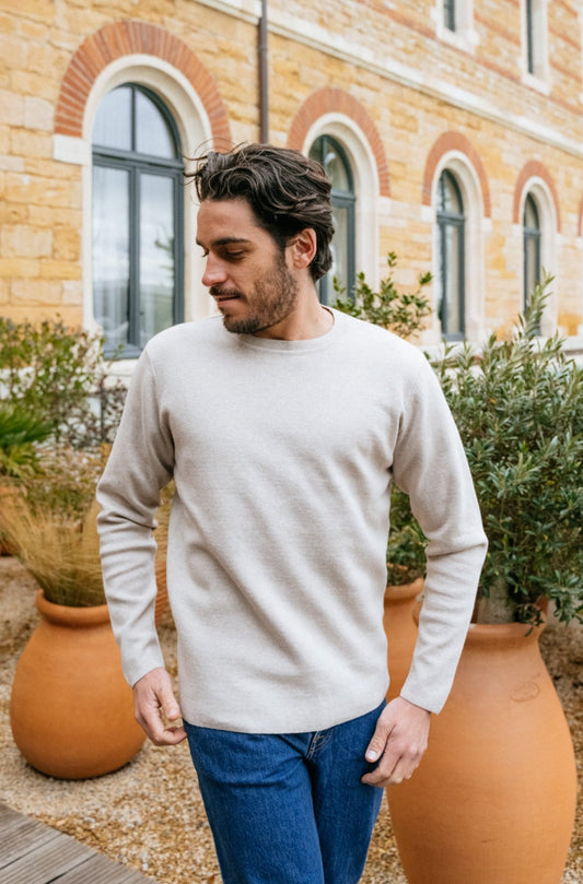 Pull beige en maille de coton bio - cotton crew neck knit nature melange