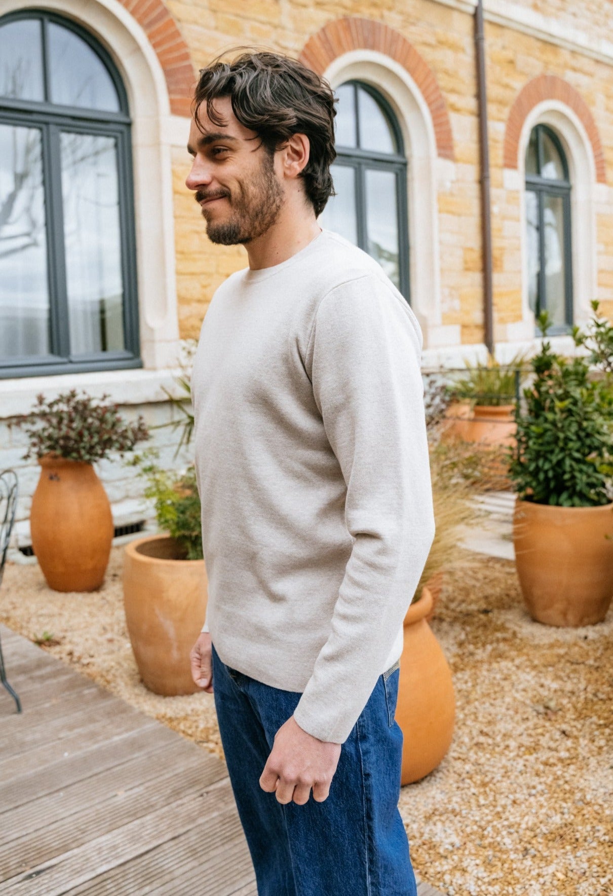 Pull beige en maille de coton bio - cotton crew neck knit nature melange