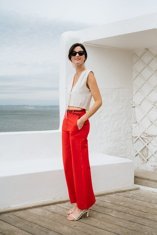 Pantalon évasé en coton bio fiery red karina pants - red