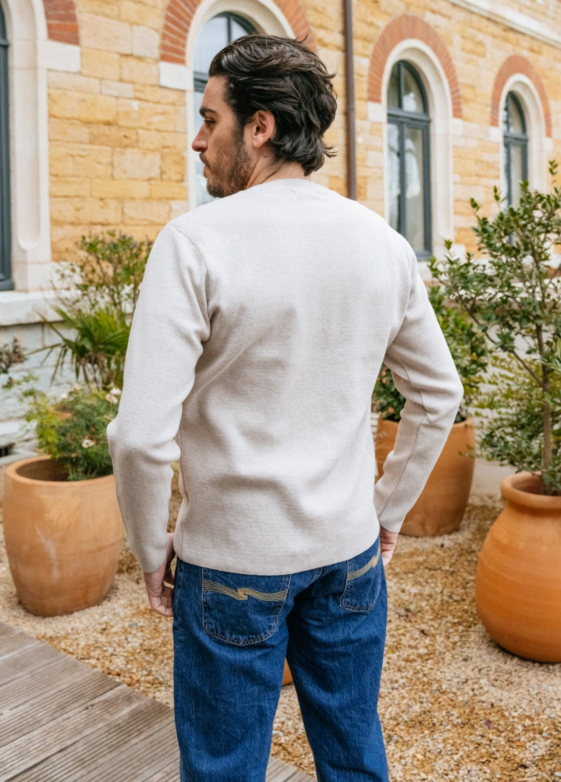 Pull beige en maille de coton bio - cotton crew neck knit nature melange