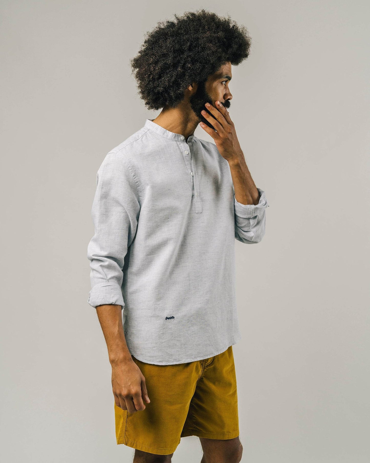 Chemise col mao bleue en lin et coton bio - slub henley shirt blue