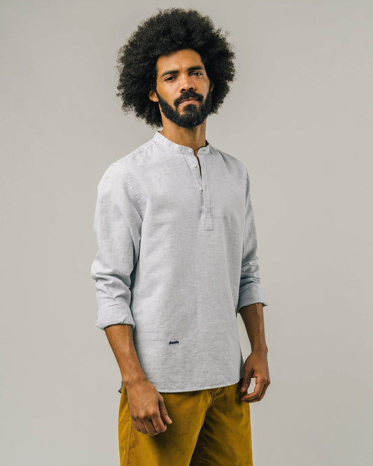 Chemise col mao bleue en lin et coton bio - slub henley shirt blue