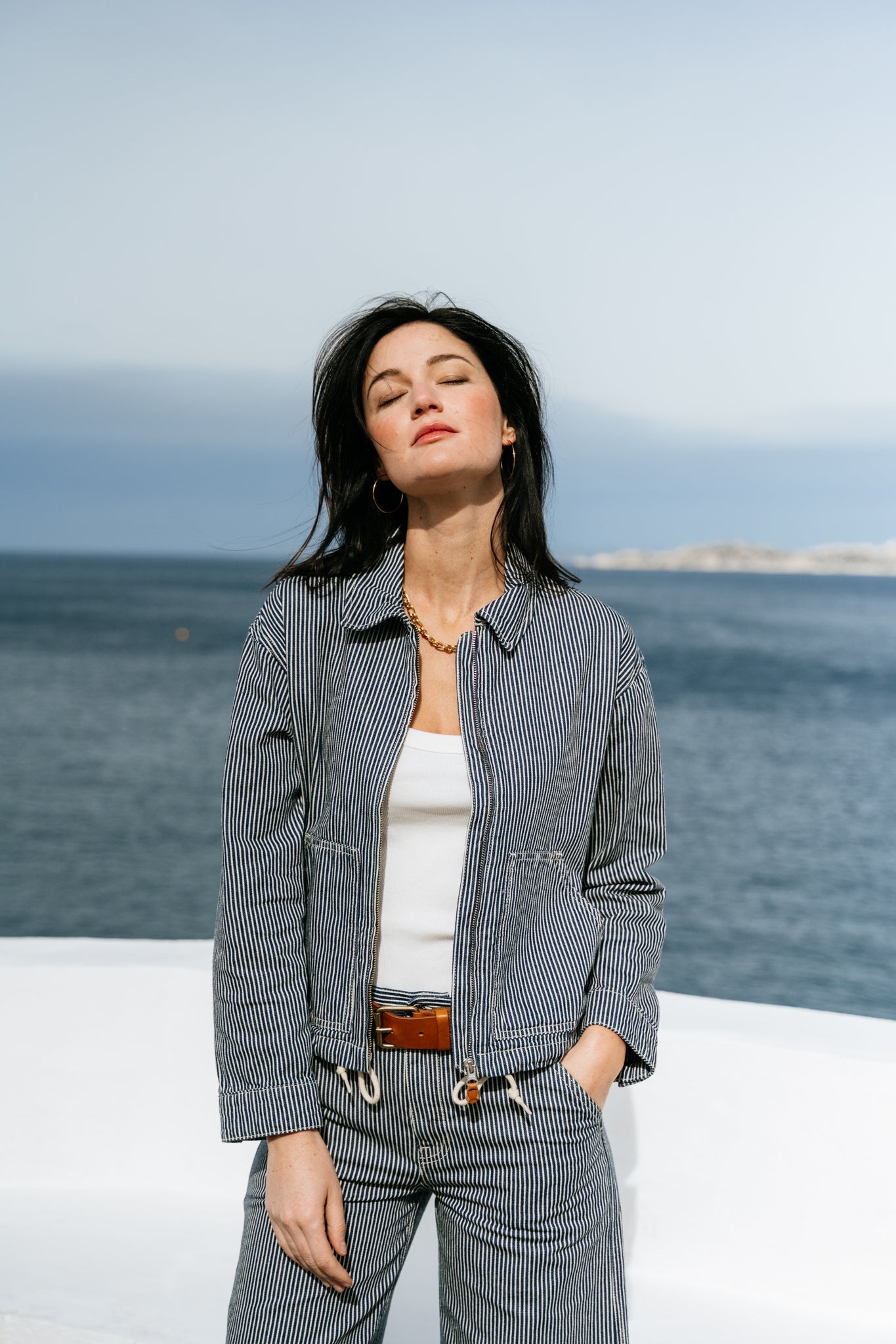 Veste rayée en coton bio | jade striped zip jacket - blue/offwhite