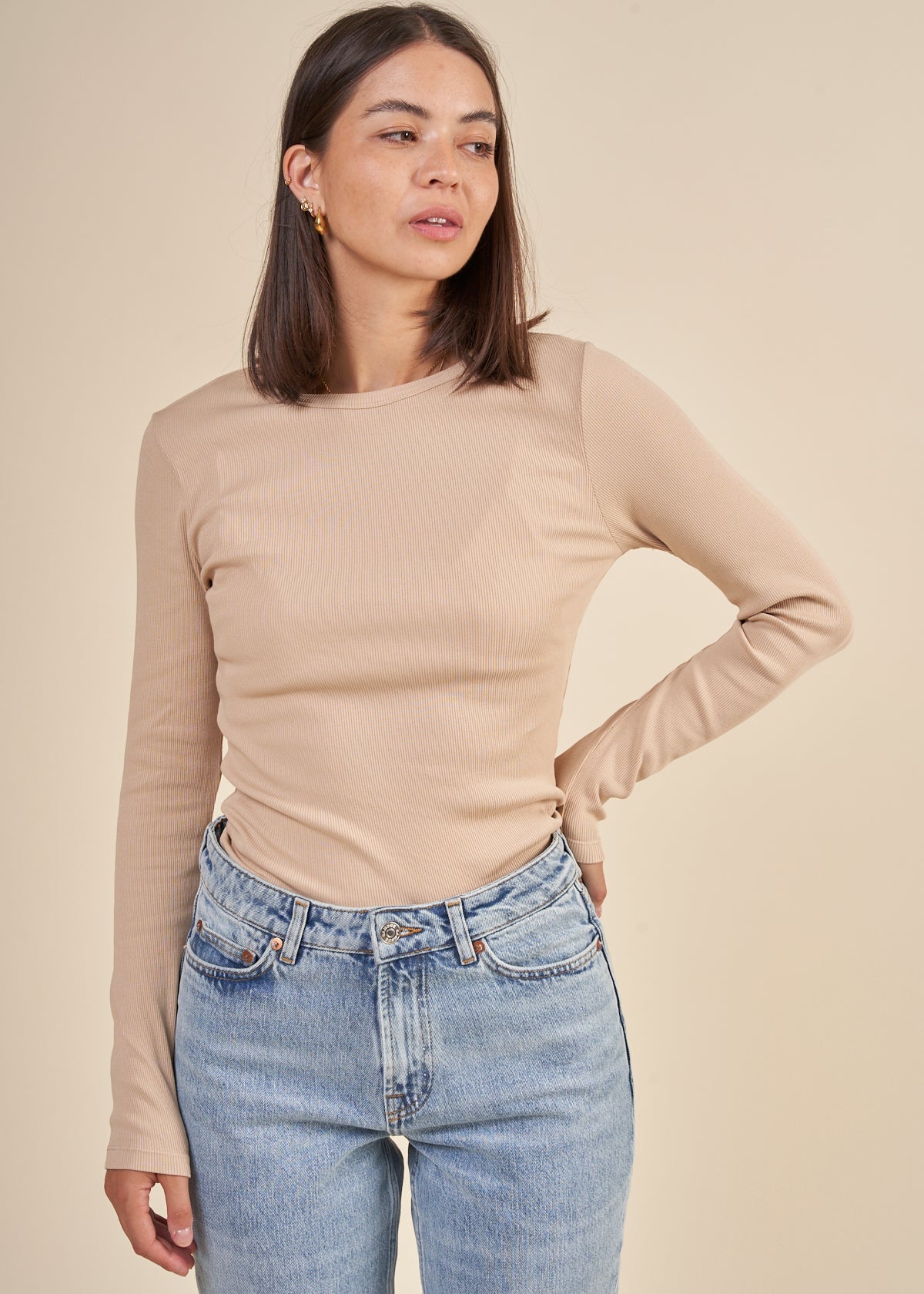 T-shirt manches longues côtelé en coton bio | beige "honey beige"