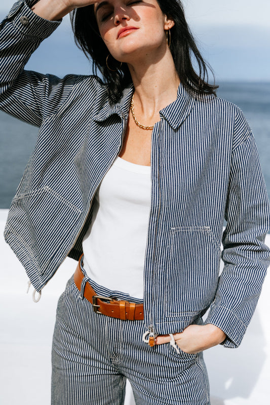 Veste rayée en coton bio | jade striped zip jacket - blue/offwhite