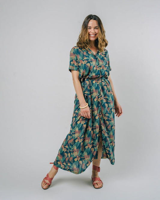 Robe longue en ecovero | bleu à motifs "flower vichy dress navy blue"
