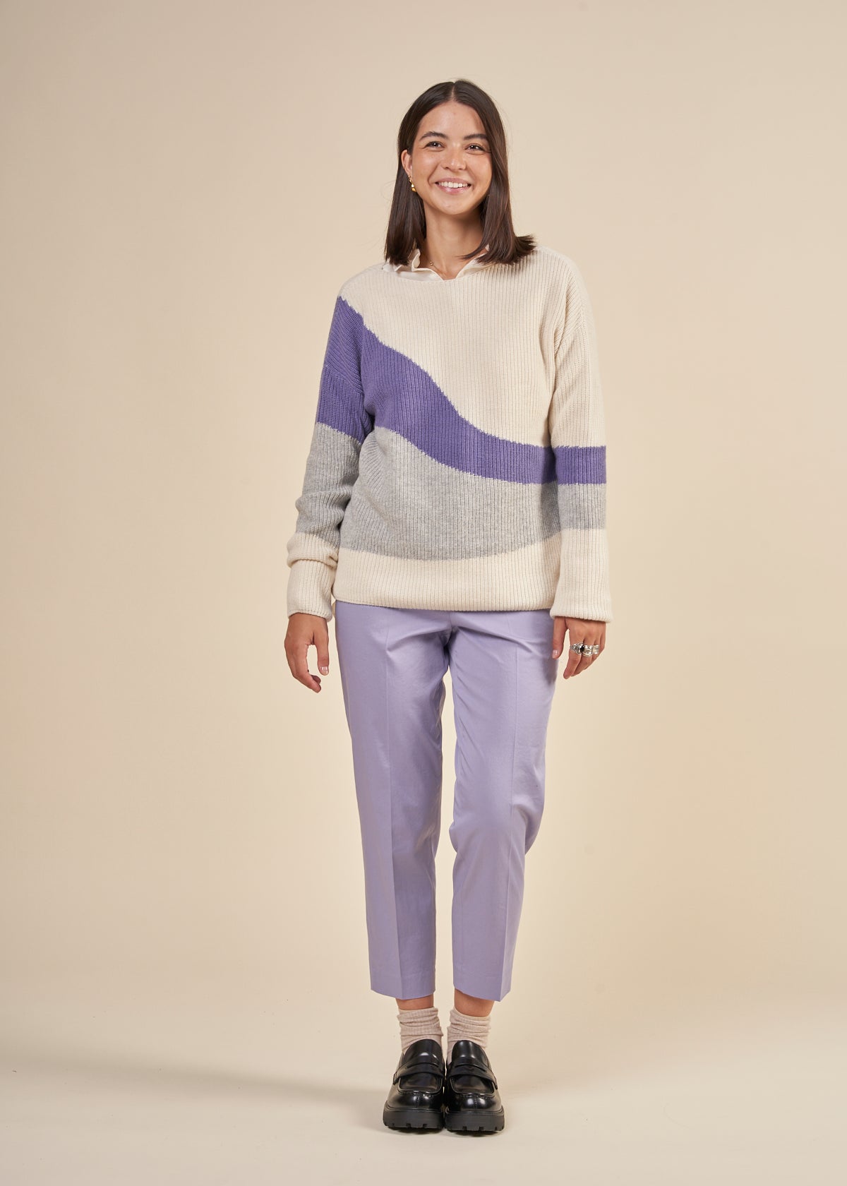 Pull ample maille en coton et laine bio | Multicolore "miyaas multicolor oatmilk-purple stone"