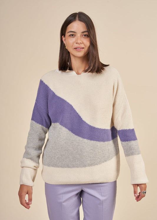 Pull ample maille en coton et laine bio | Multicolore "miyaas multicolor oatmilk-purple stone"