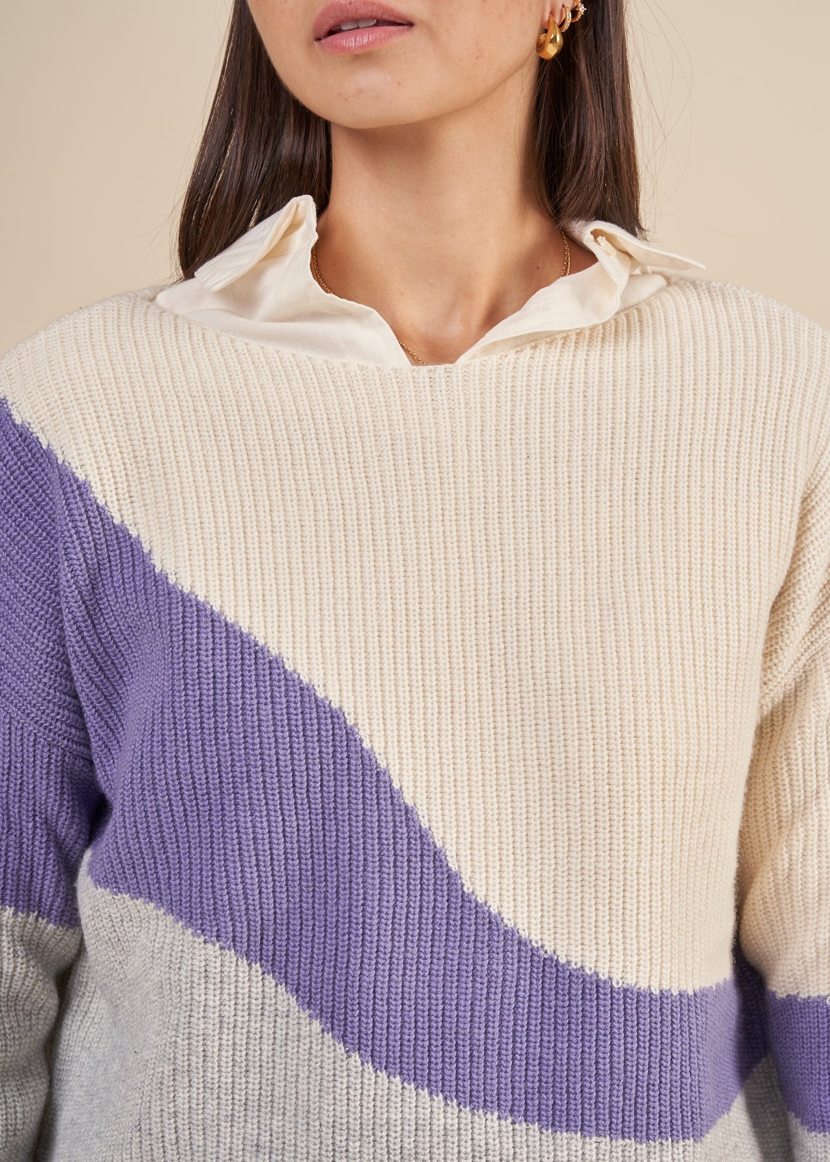 Pull ample maille en coton et laine bio | Multicolore "miyaas multicolor oatmilk-purple stone"