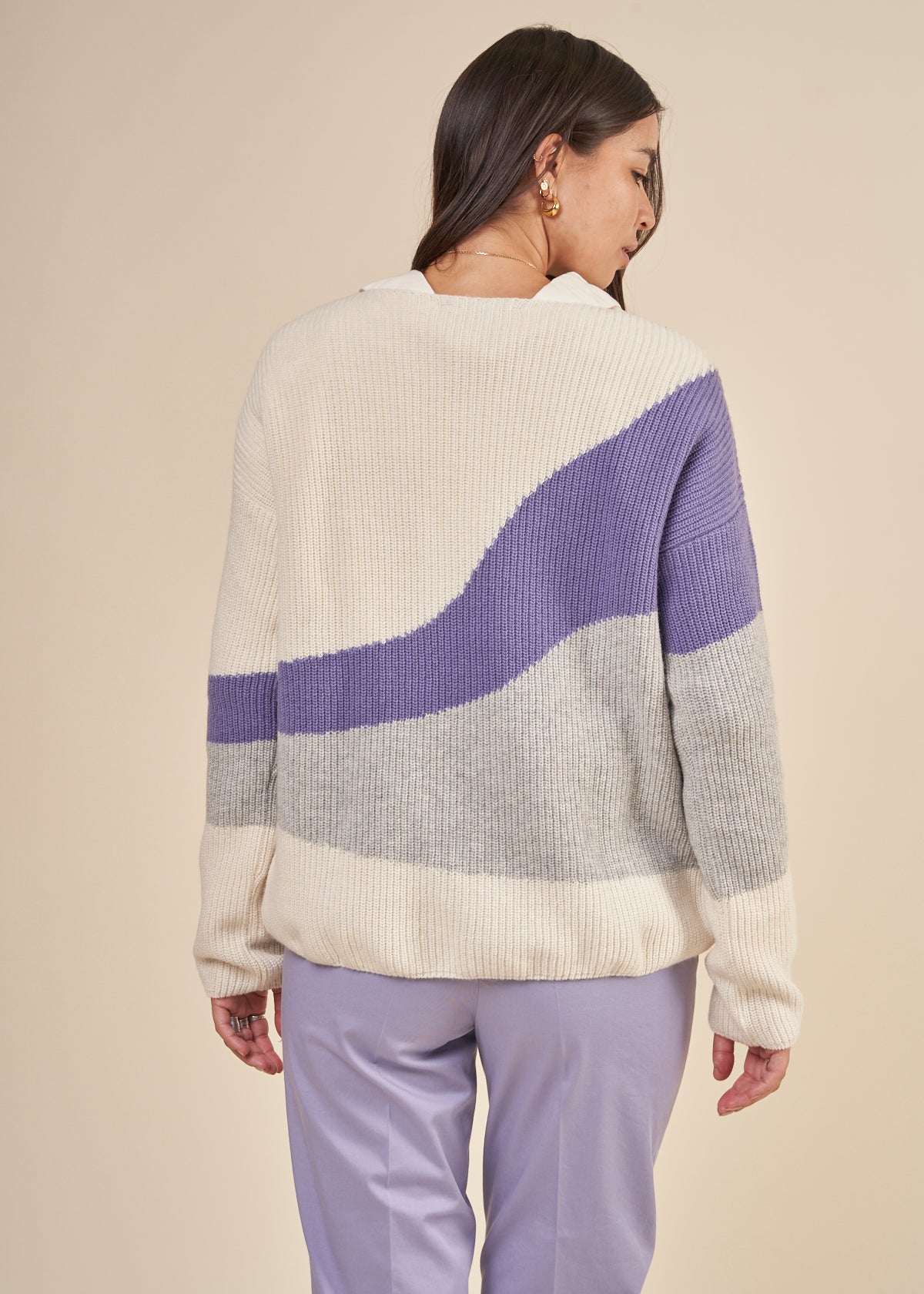 Pull ample maille en coton et laine bio | Multicolore "miyaas multicolor oatmilk-purple stone"