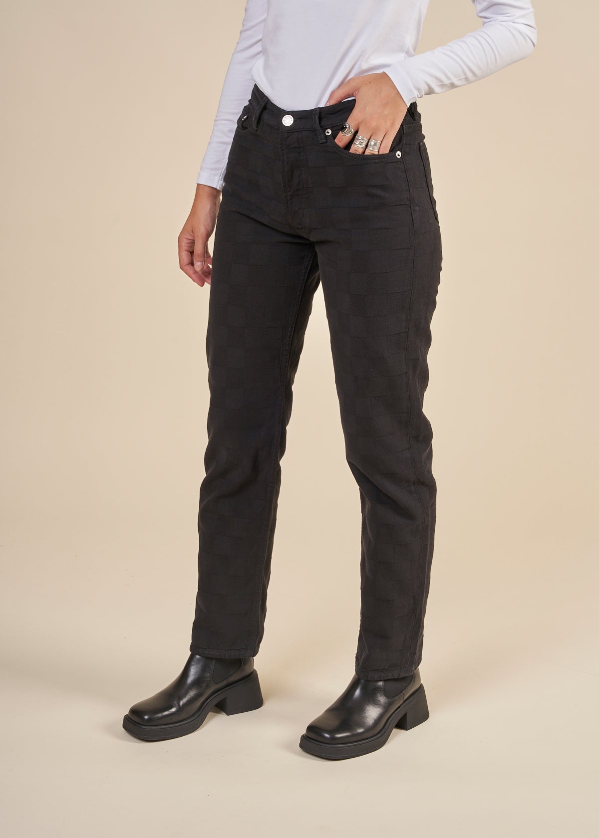 Jean droit jacquard noir en coton bio - susan jeans black od check