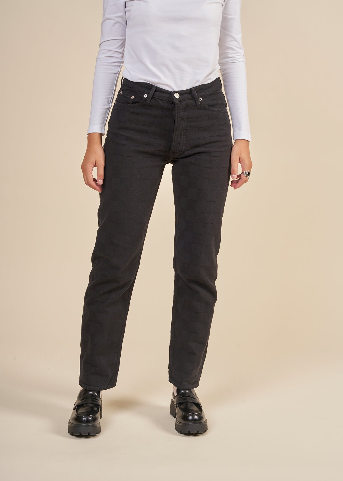 Jean droit jacquard noir en coton bio - susan jeans black od check