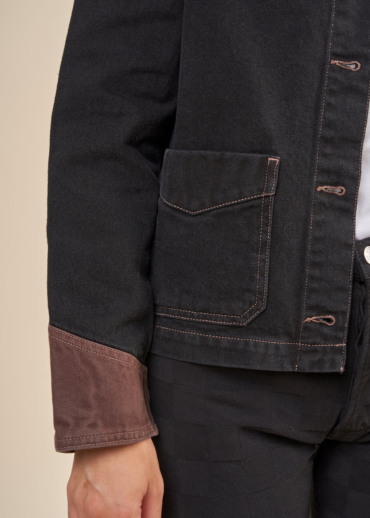 Veste en jean en coton recyclé et bio | Marron "kelly western jacket blocked black/brown"