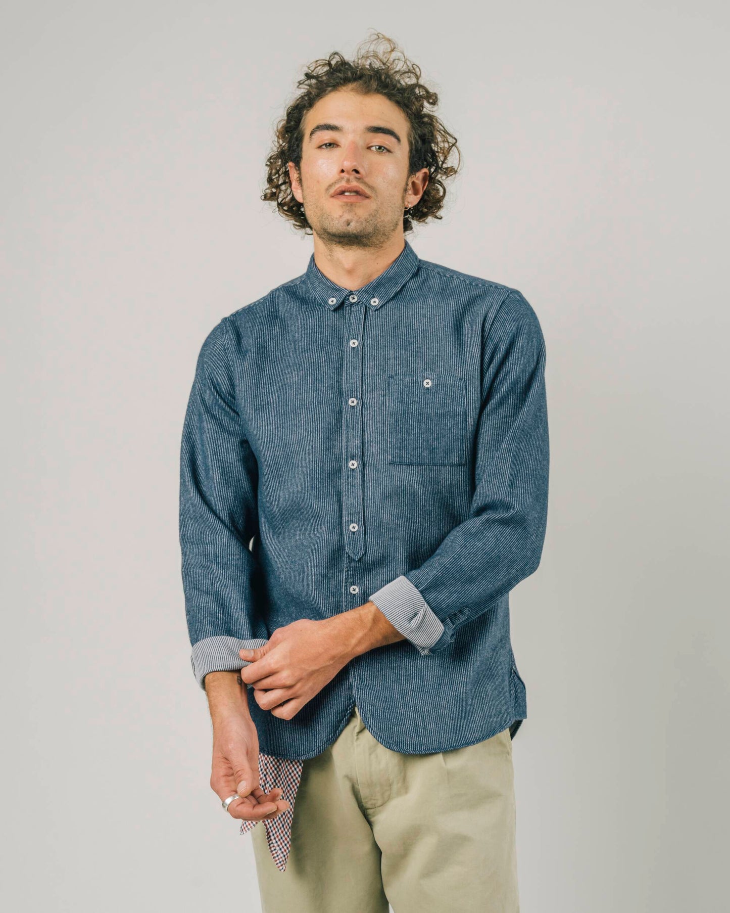 Chemise à rayures marine et blanche en coton bio - two tones regular shirt navy blue