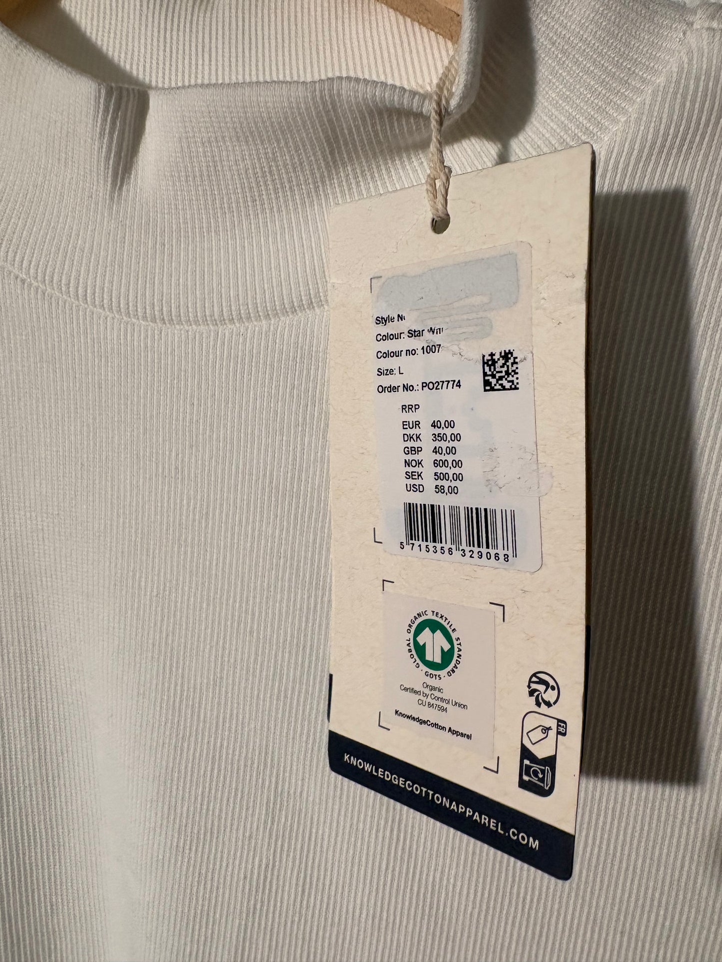 T-shirt côtelé en coton bio | blanc 'rib high neck short sleeved star white'