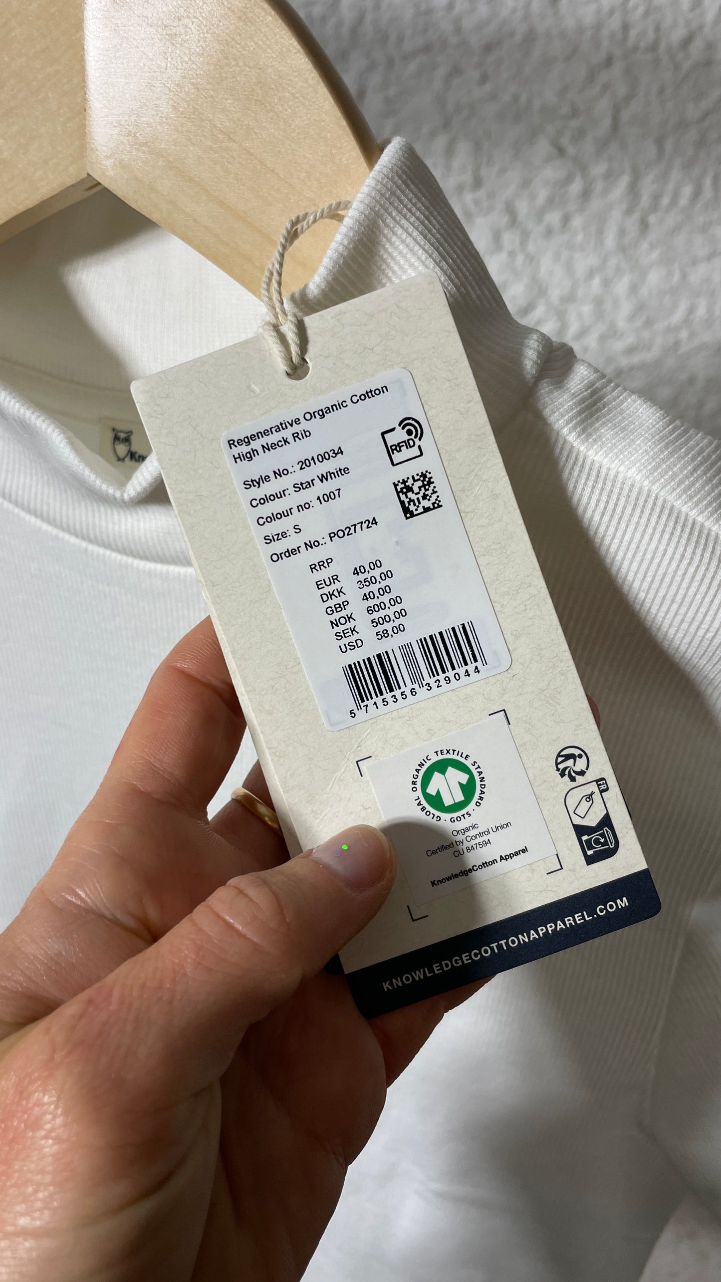 T-shirt côtelé en coton bio | blanc 'rib high neck short sleeved star white'
