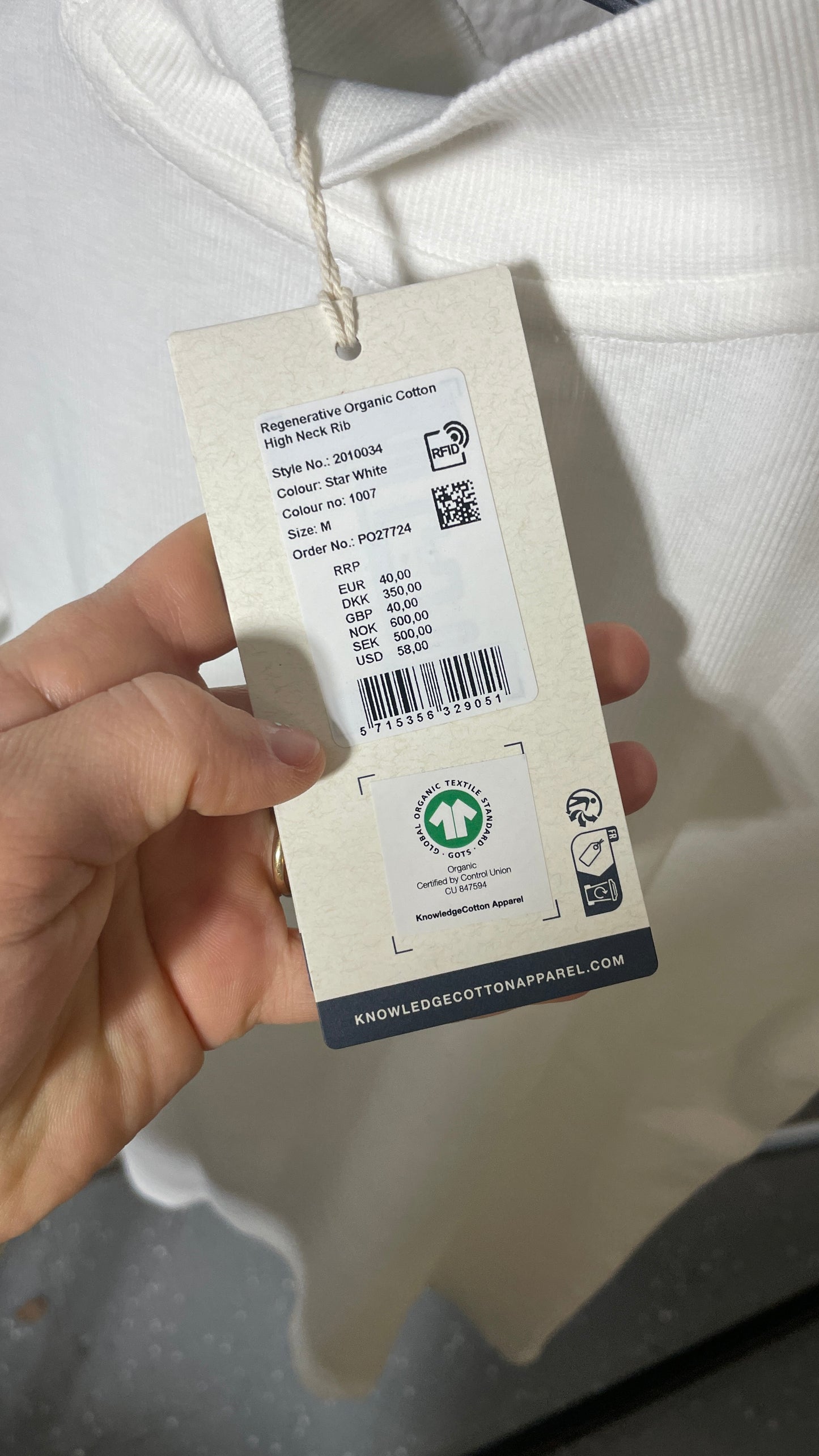 T-shirt côtelé en coton bio | blanc 'rib high neck short sleeved star white'