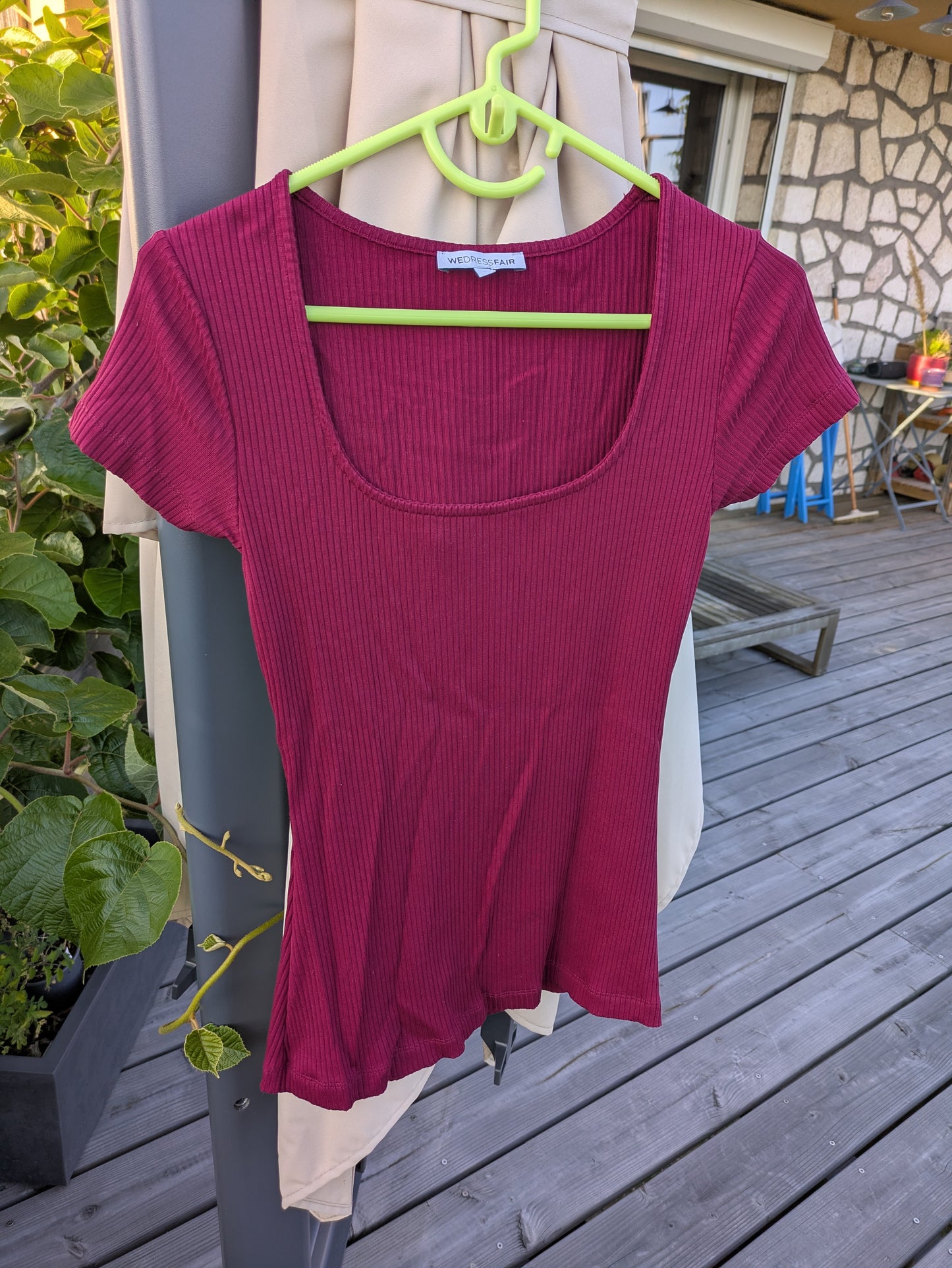 Tee-shirt col carré en Tencel côtelé 'Nita' | framboise | Framboise