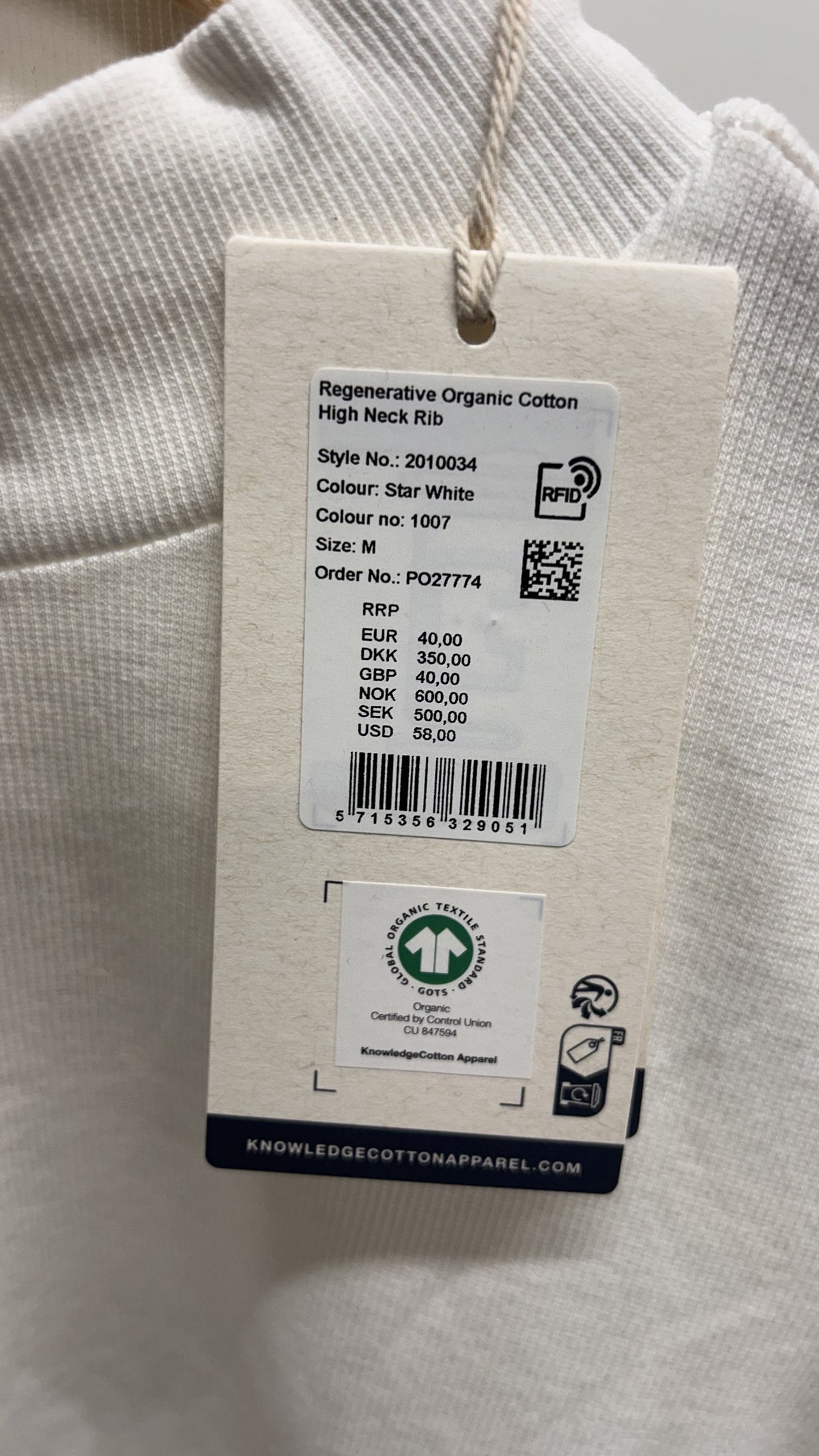 T-shirt côtelé en coton bio | blanc 'rib high neck short sleeved star white'