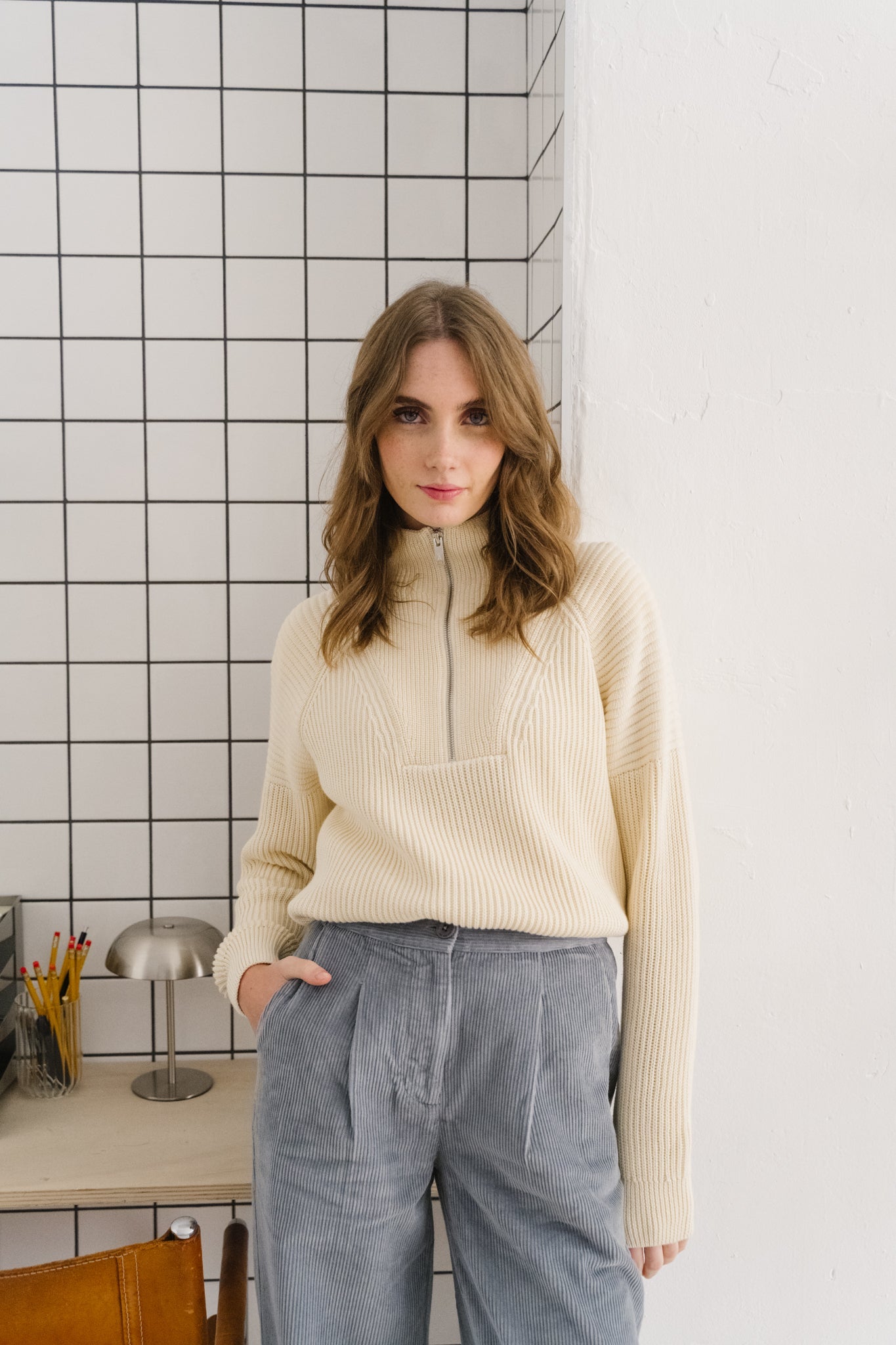 pull zippé en coton bio | écru "ronyiaas - oatmilk"