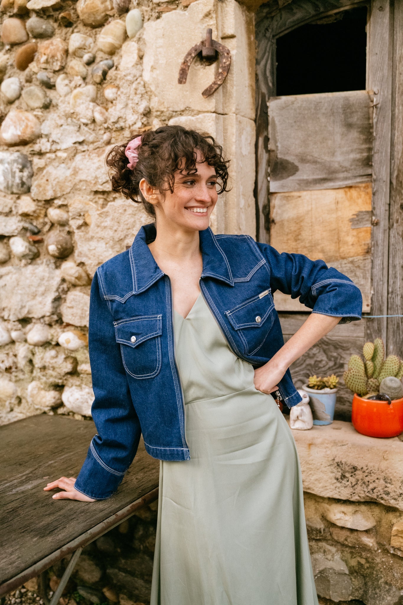 Veste en jean zippée en coton bio | Bleu jean "anja western denim jacket blue"
