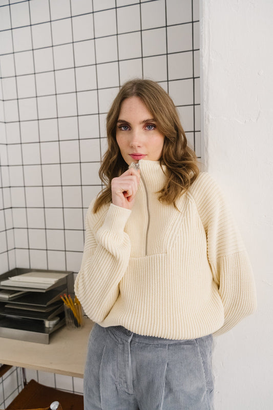 pull zippé en coton bio | écru "ronyiaas - oatmilk"