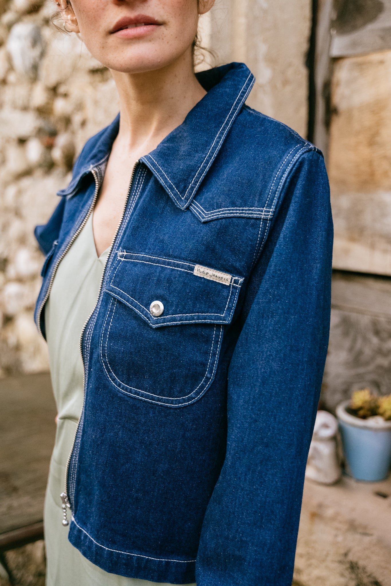 Veste en jean zippée en coton bio | Bleu jean "anja western denim jacket blue"