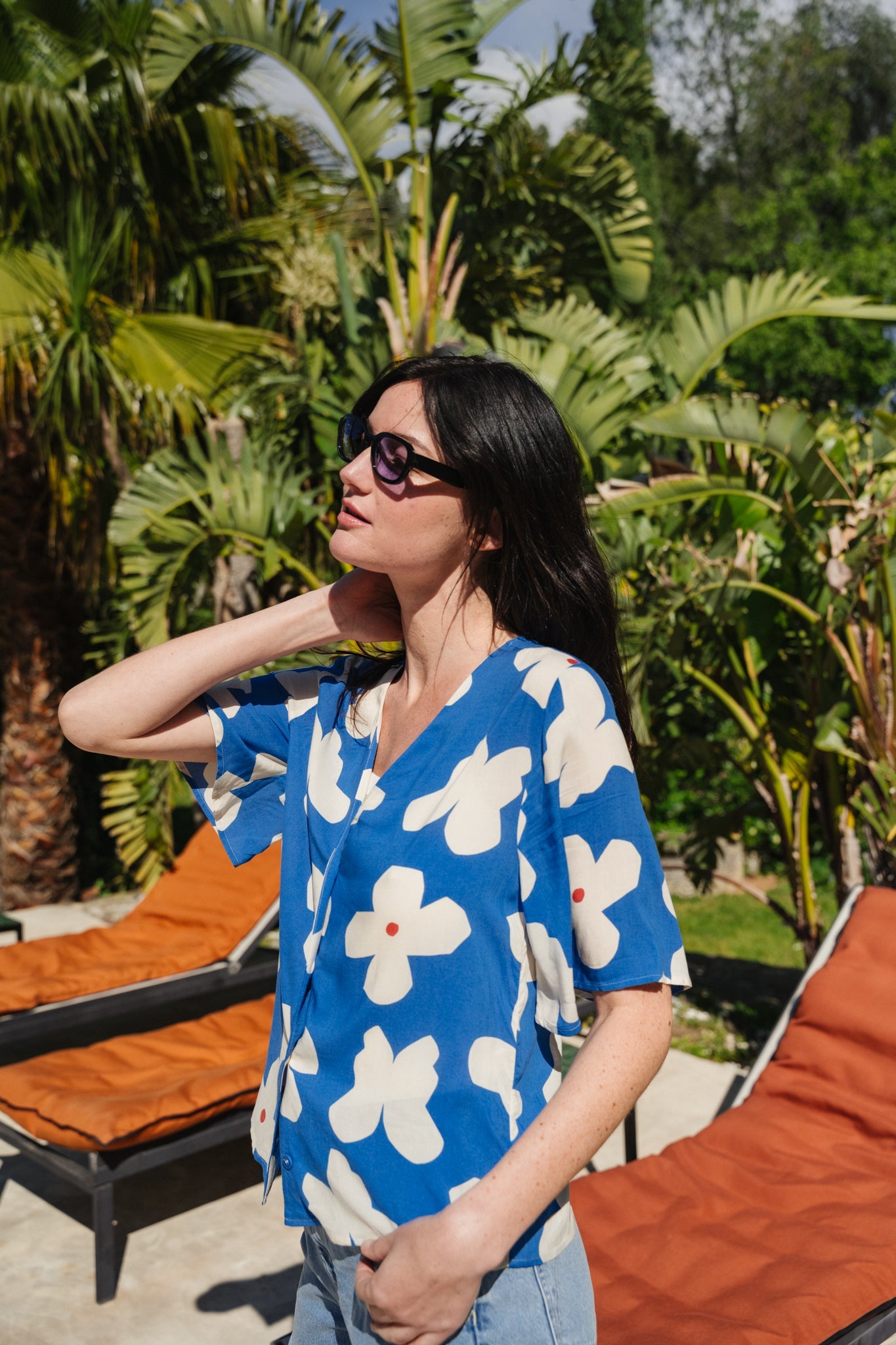 Chemiser à motifs en ecovero | bleu "big butterfly libelula blouse"