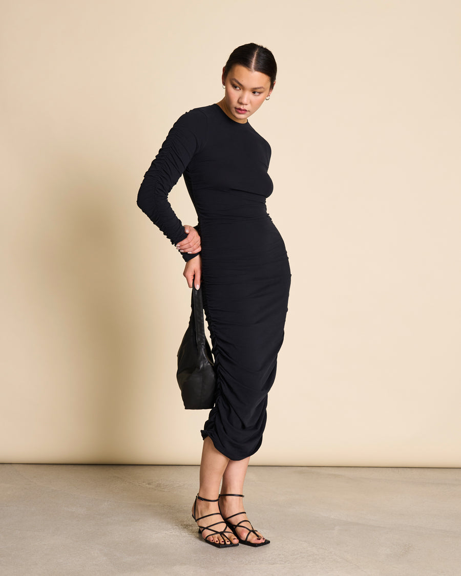 Robe midi à fronces en coton bio | Noir "rido black"