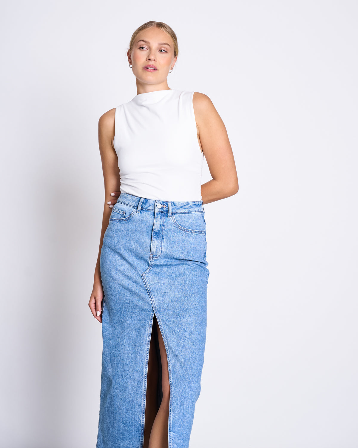 Jupe longue en denim de coton bio | bleu "luce light blue"