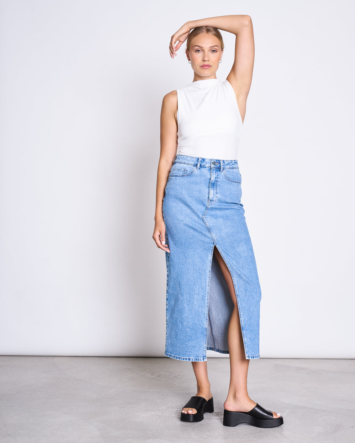 Jupe longue en denim de coton bio | bleu "luce light blue"