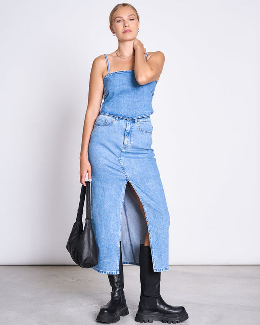 Jupe longue en denim de coton bio | bleu "luce light blue"