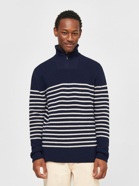 Pull col camionneur en laine bio | marine "1/2 neck zip merino wool rib knit blue stripe"