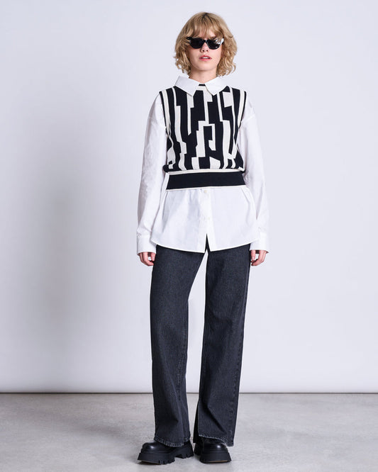 Pull sans manches en coton bio | Noir et blanc "anita offwhite/black intarsia"