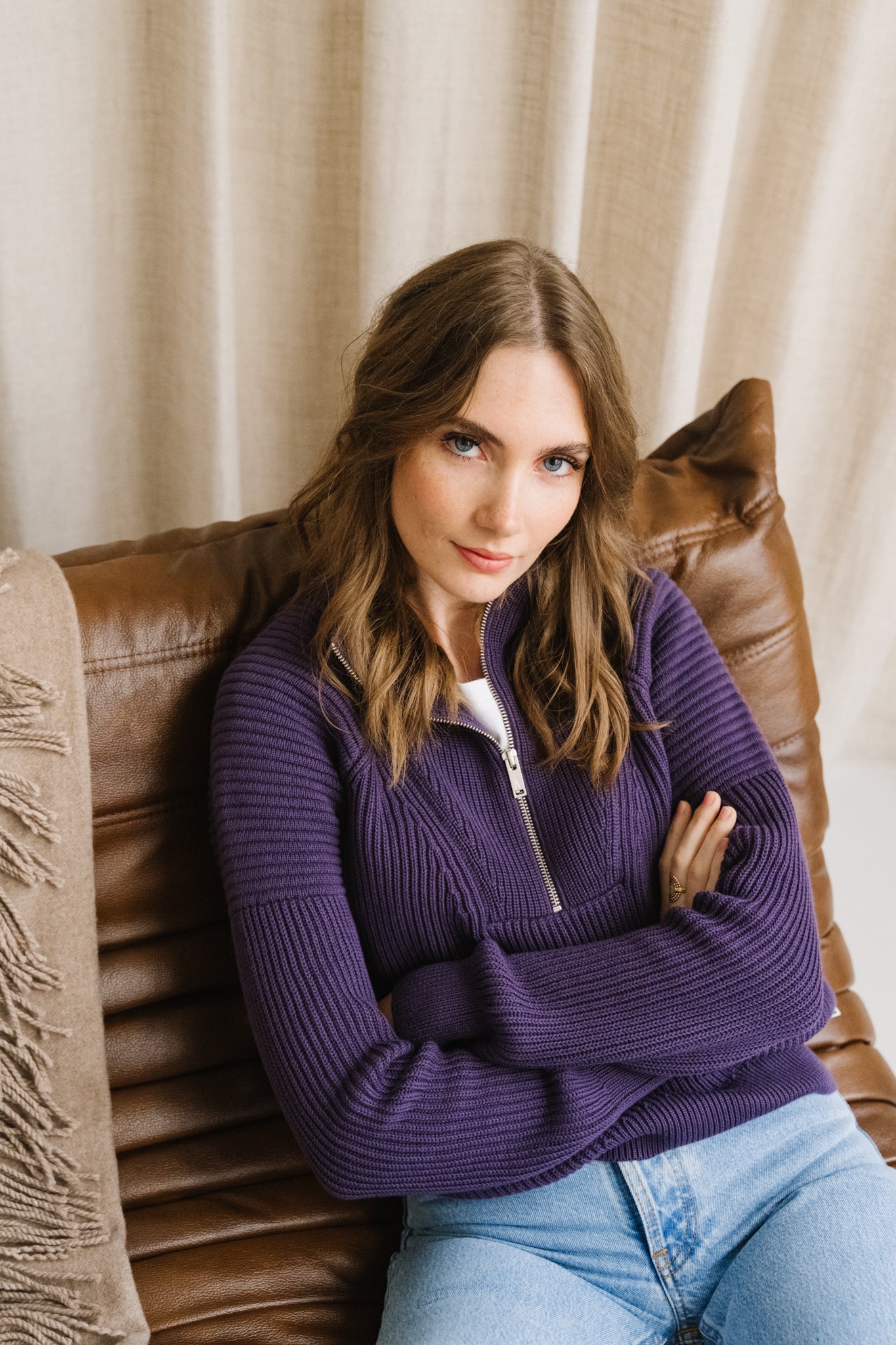 pull col zippé en coton bio | violet "ronyiaas - blue ash"