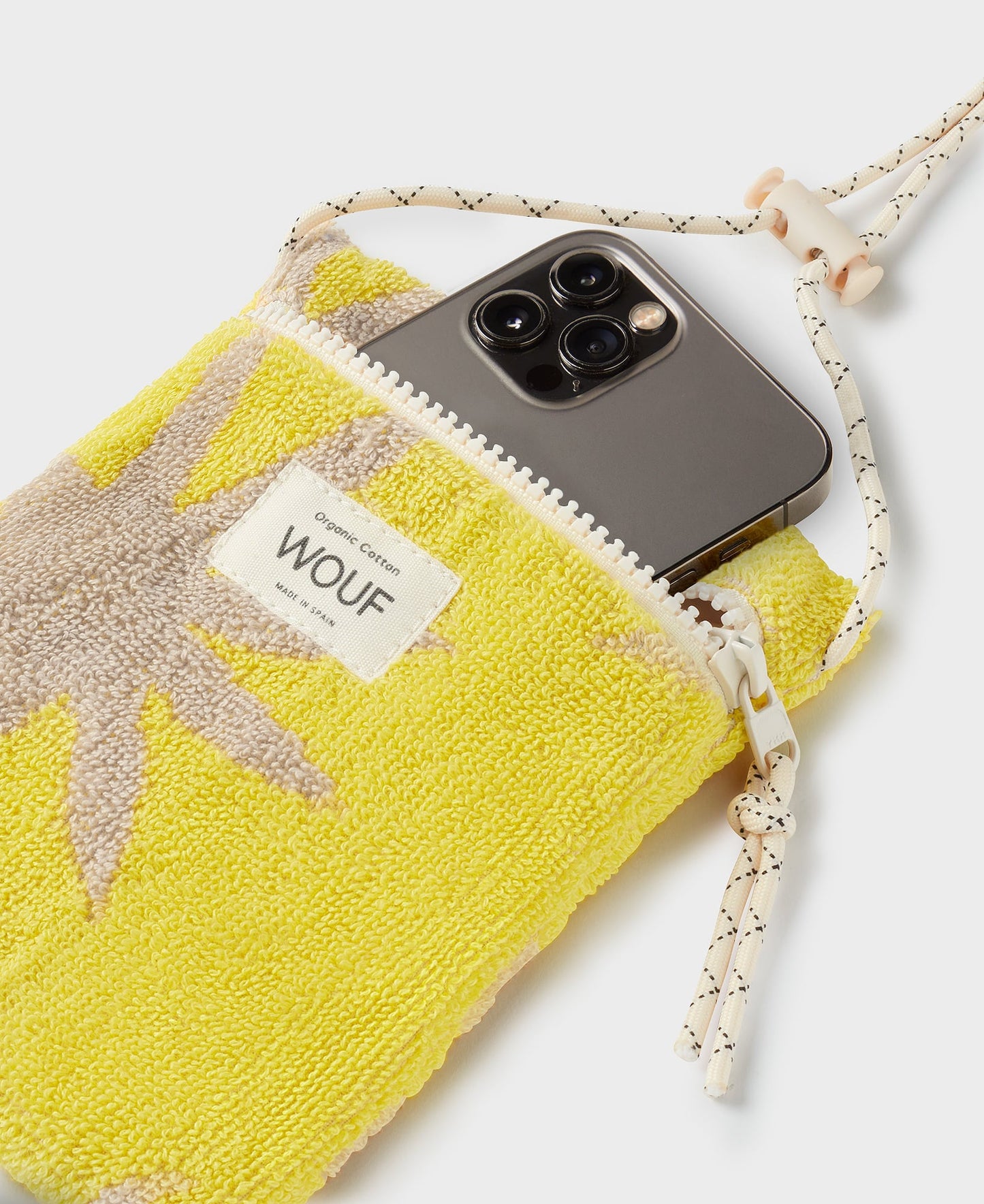 Pochette téléphone en coton éponge bio | Jaune à motifs "formentera phone bag soleils"