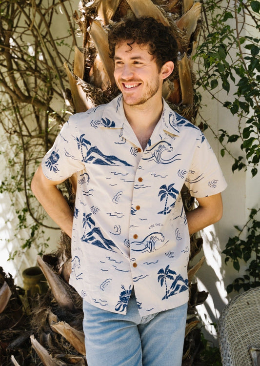 Chemise manches courtes en coton bio | Écru à motifs "arvid waves hawaii shirt ecru"
