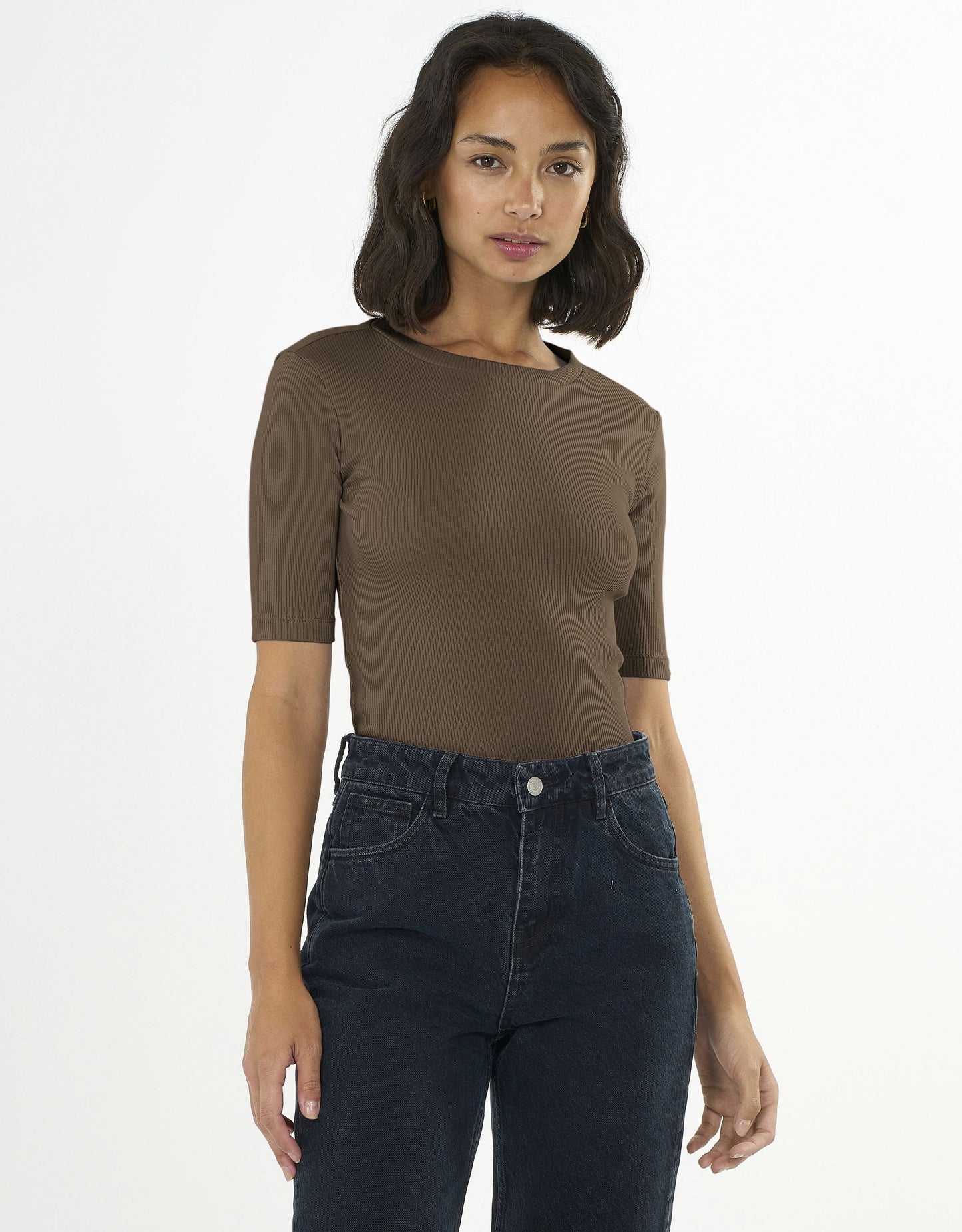 T-shirt marron côtelé en coton bio - rib t-shirt cub