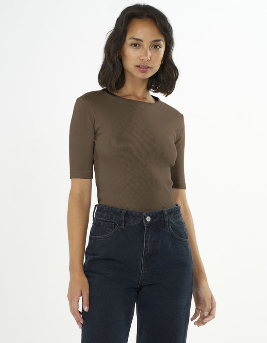 T-shirt marron côtelé en coton bio - rib t-shirt cub